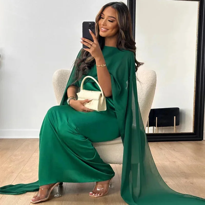 Robe Maxi Cape Invitée de Mariage Femme – Robe de Soirée Élégante en Satin Uni - Image 5