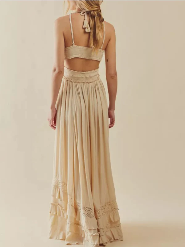 Robe Maxi Crème Élégante Femme – Fluide Sans Manches avec Dos Nu - Image 2