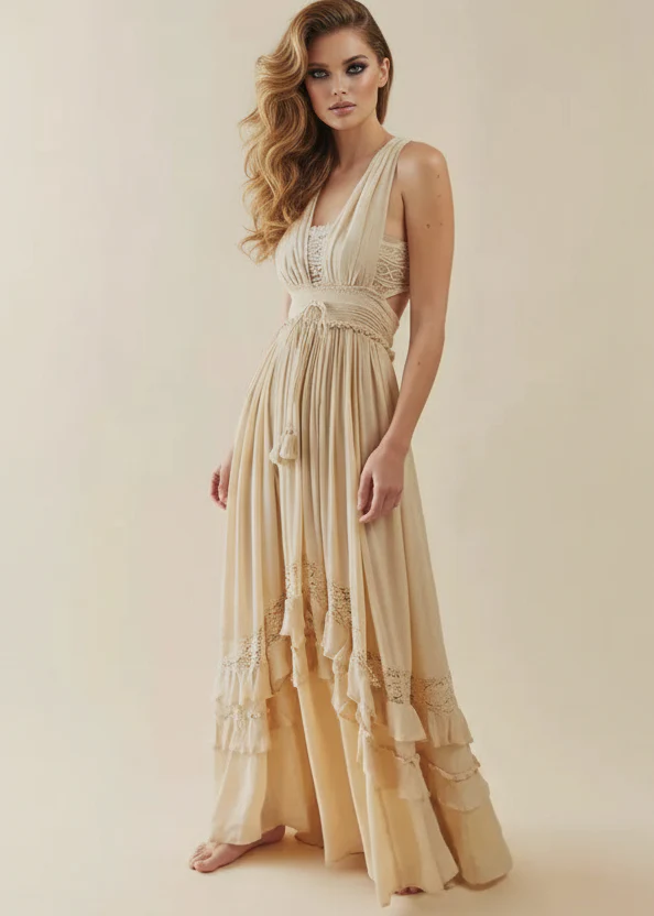 Robe Maxi Crème Élégante Femme – Fluide Sans Manches avec Dos Nu - Image 5