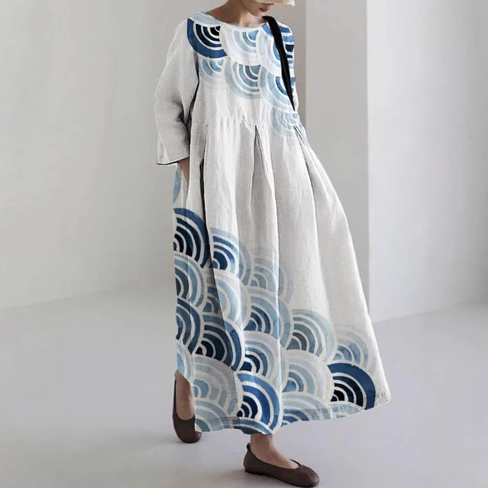 Robe Maxi Décontractée à Impression Numérique pour Femme – Col Rond Évasé avec Poches