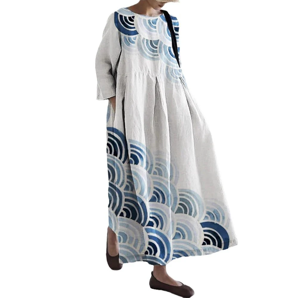 Robe Maxi Décontractée à Impression Numérique pour Femme – Col Rond Évasé avec Poches - Image 2