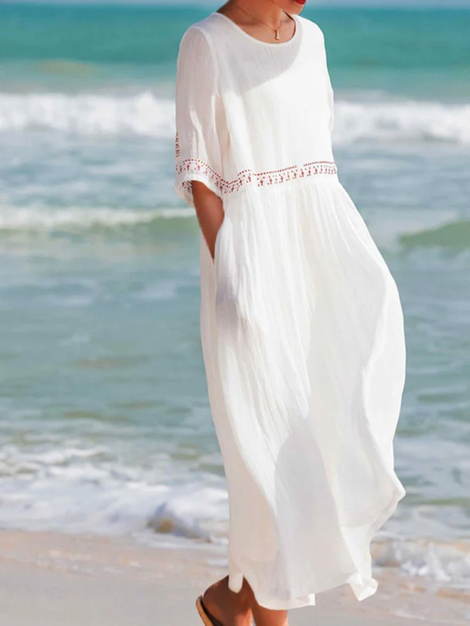Robe Maxi Décontractée en Lin Blanc Brodé Pour Femmes – Été, Tenue de Plage