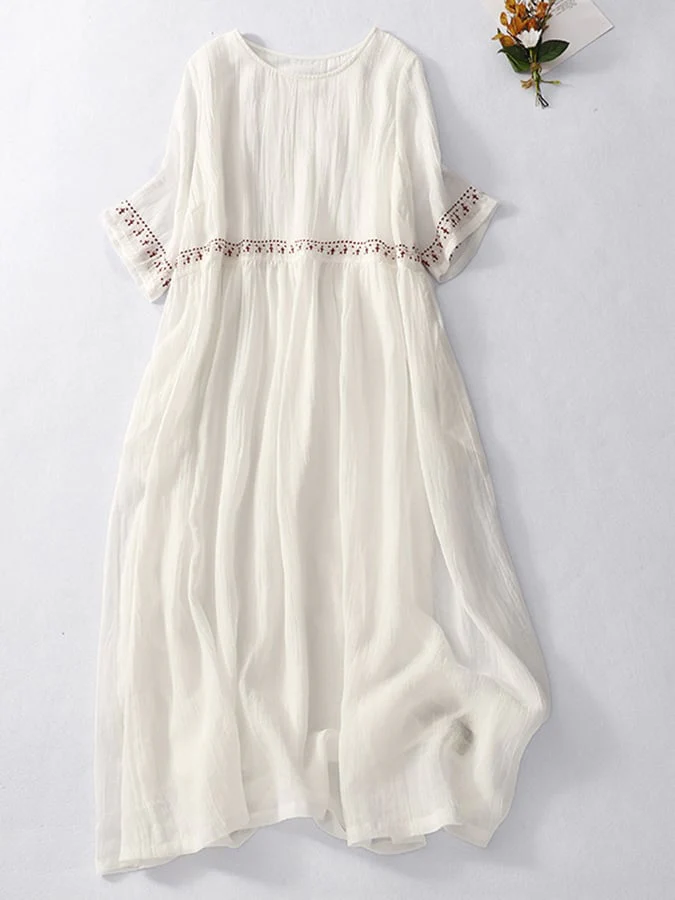 Robe Maxi Décontractée en Lin Blanc Brodé Pour Femmes – Été, Tenue de Plage - Image 3