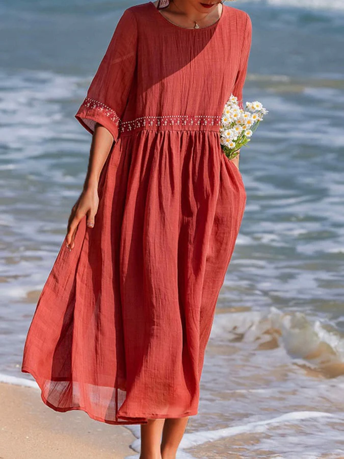 Robe Maxi Décontractée en Lin Blanc Brodé Pour Femmes – Été, Tenue de Plage - Image 4