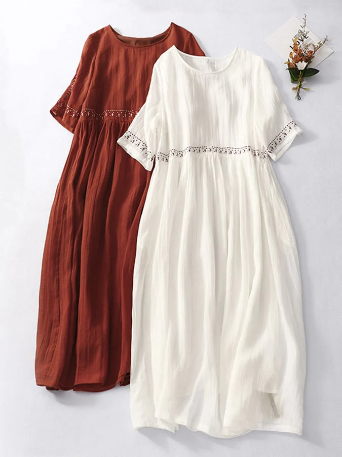 Robe Maxi Décontractée en Lin Blanc Brodé Pour Femmes – Été, Tenue de Plage - Image 6
