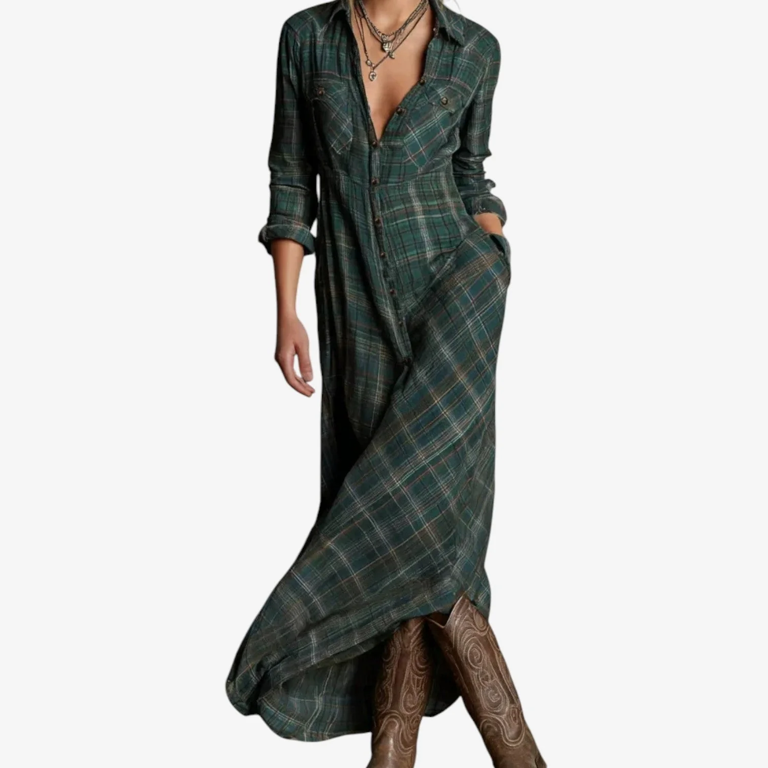 Robe Maxi Élegante à Carreaux Femme – Robe Chemise Décontractée avec Col - Image 2