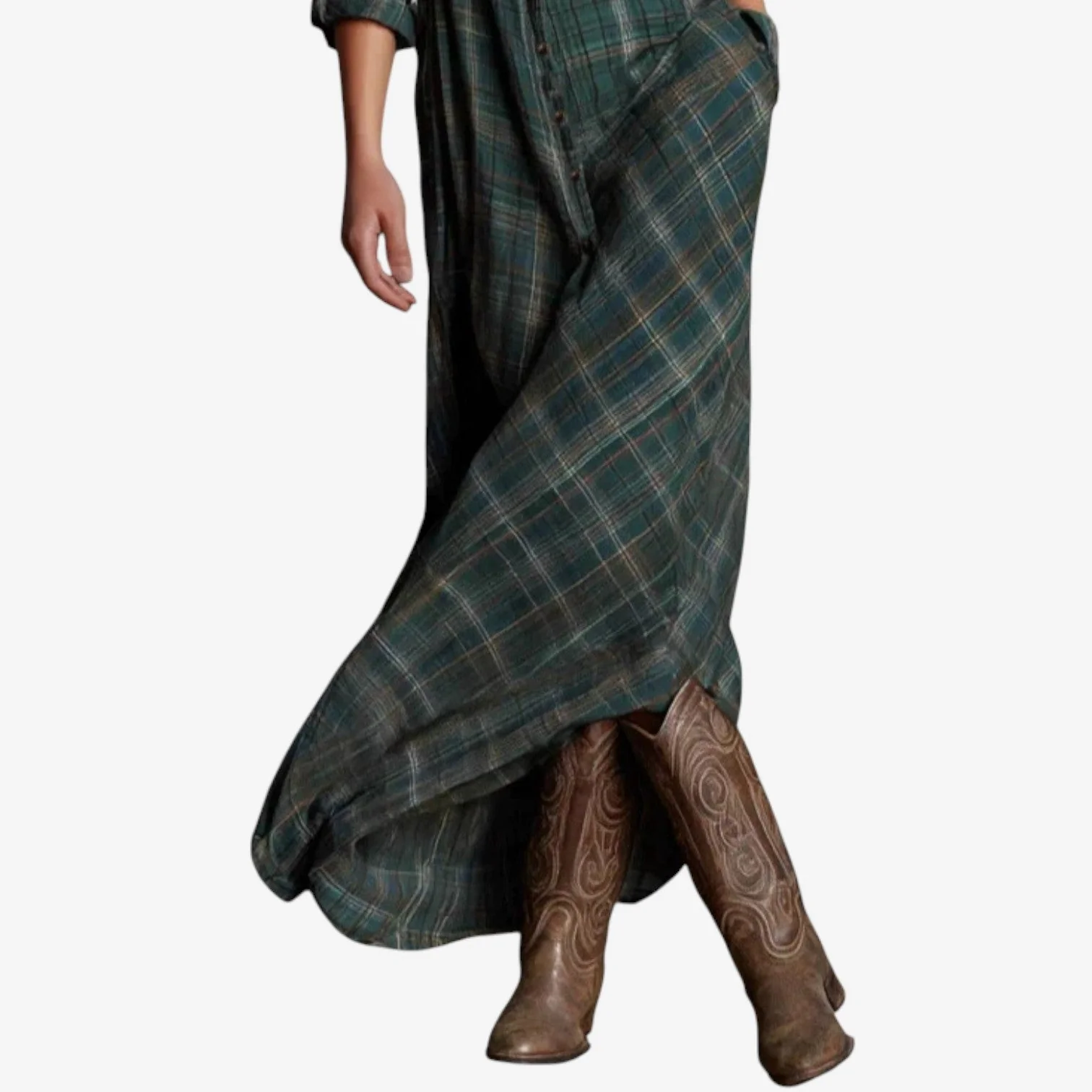 Robe Maxi Élegante à Carreaux Femme – Robe Chemise Décontractée avec Col - Image 4