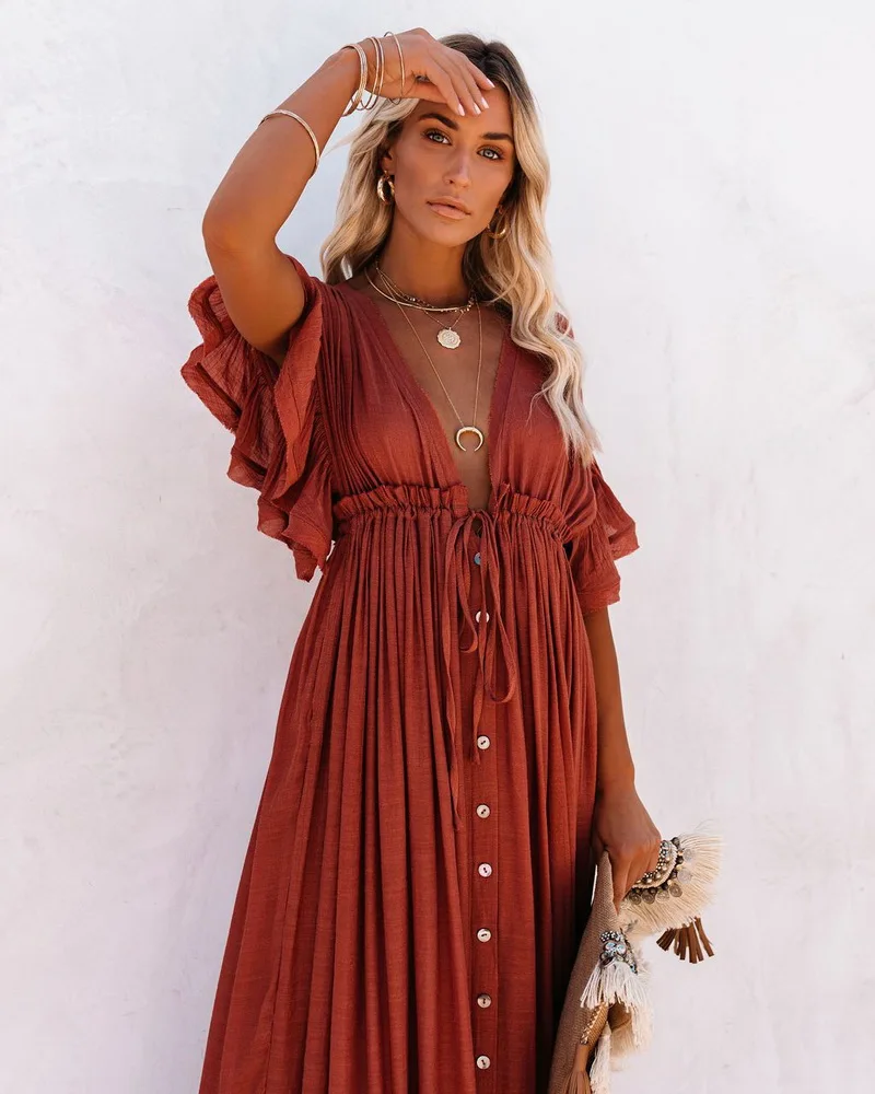 Robe Maxi Élégante Brique Femme – Col V Boutonné et Manches Volantes - Image 3