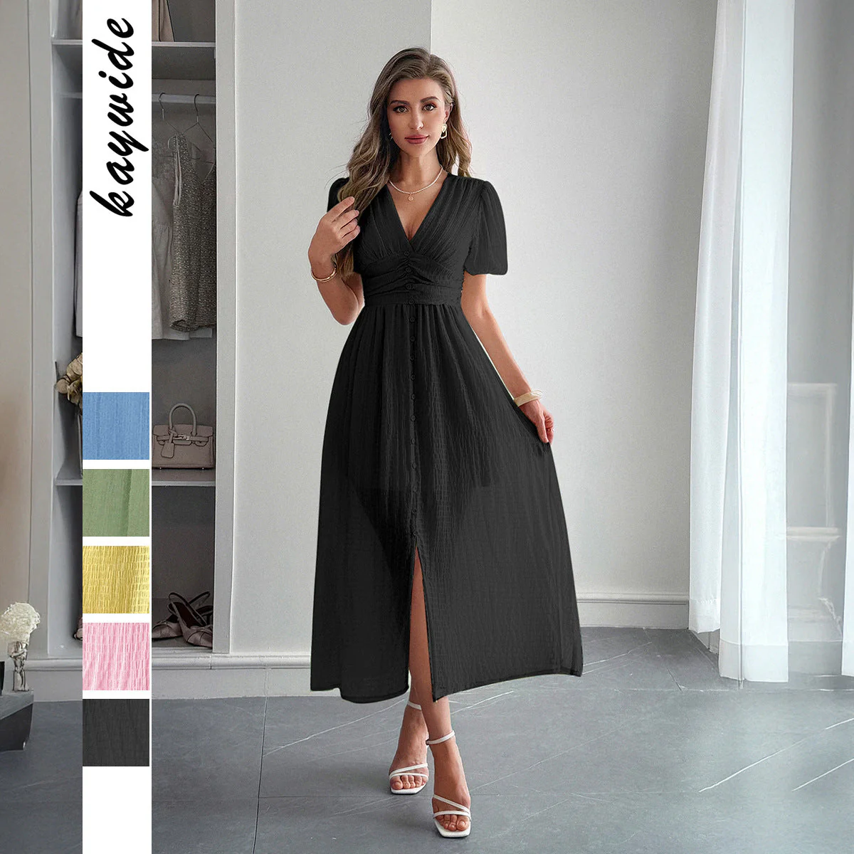 Robe maxi élégante femme – Col V profond et détail plissé - Image 6