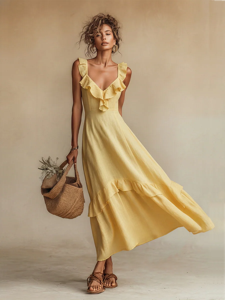 Robe maxi en lin jaune femme col V volant - Boheme et estivale - Image 2