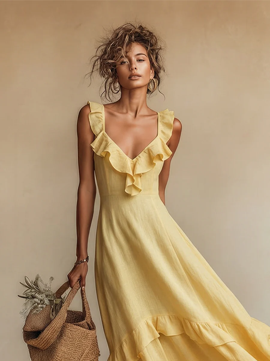 Robe maxi en lin jaune femme col V volant - Boheme et estivale - Image 3
