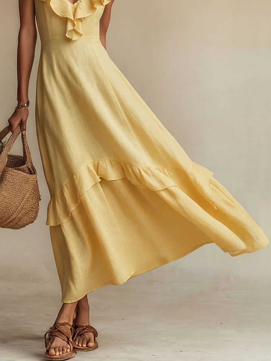 Robe maxi en lin jaune femme col V volant - Boheme et estivale - Image 4