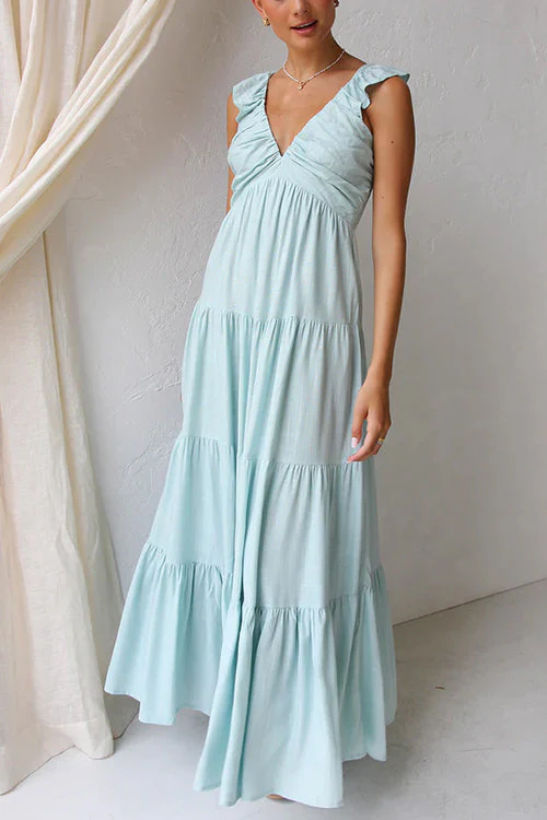 Robe Maxi en Lin Margovil – Col V avec Volants et Jupe à Niveaux Sans Manches - Image 2