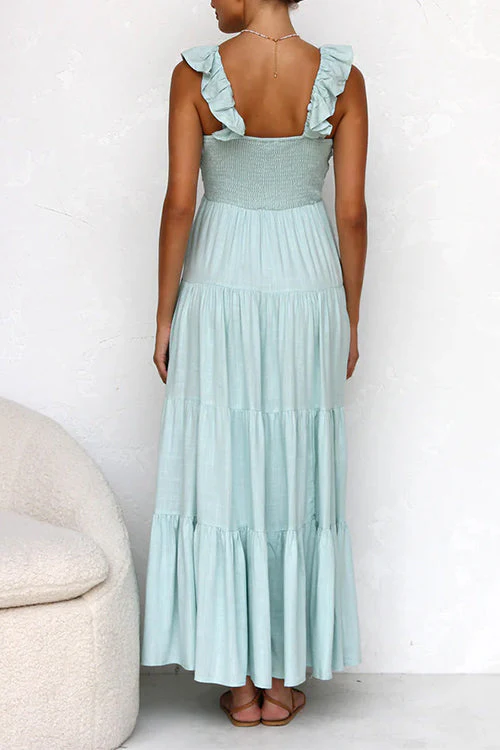 Robe Maxi en Lin Margovil – Col V avec Volants et Jupe à Niveaux Sans Manches - Image 4