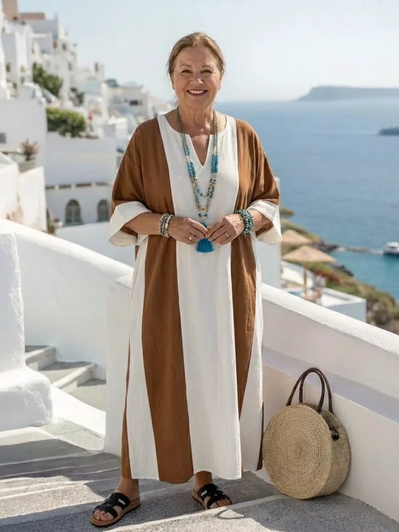 Robe maxi femme à blocs de couleurs et manches courtes – Coupe fluide décontractée - Image 3