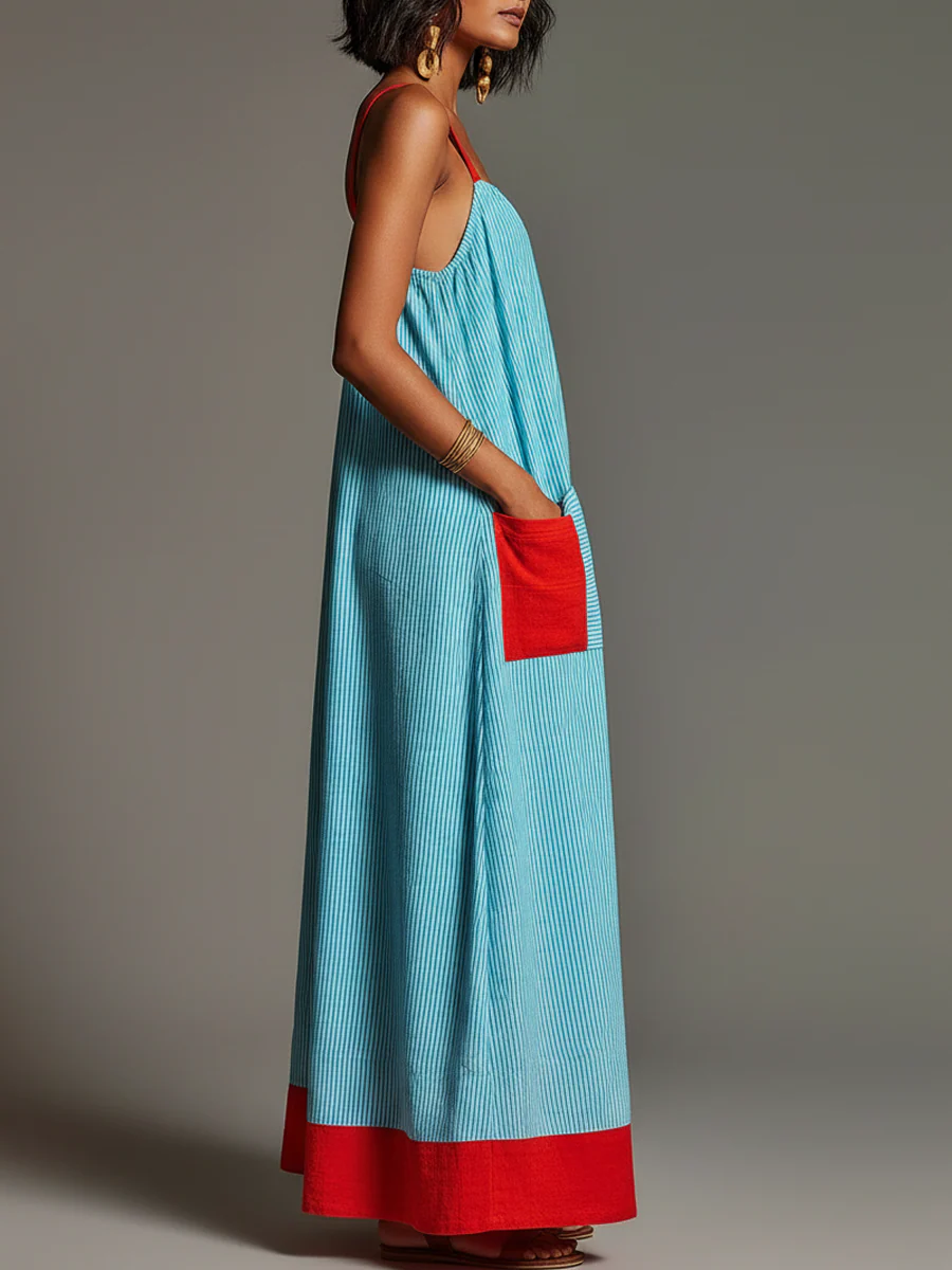 Robe maxi femme a bretelles fines rayee avec poches - Fluide et estivale - Image 3