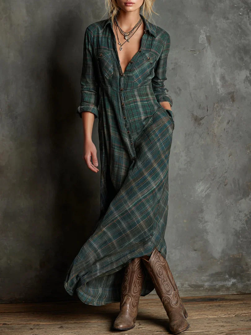 Robe Maxi Femme à Carreaux Verts Boutonnée – Robe Longue Élégante et Confortable
