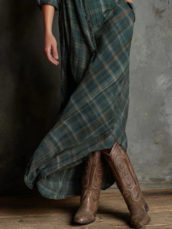 Robe Maxi Femme à Carreaux Verts Boutonnée – Robe Longue Élégante et Confortable - Image 2