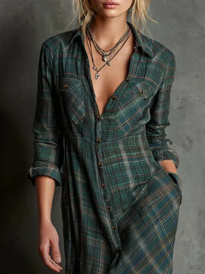 Robe Maxi Femme à Carreaux Verts Boutonnée – Robe Longue Élégante et Confortable - Image 3
