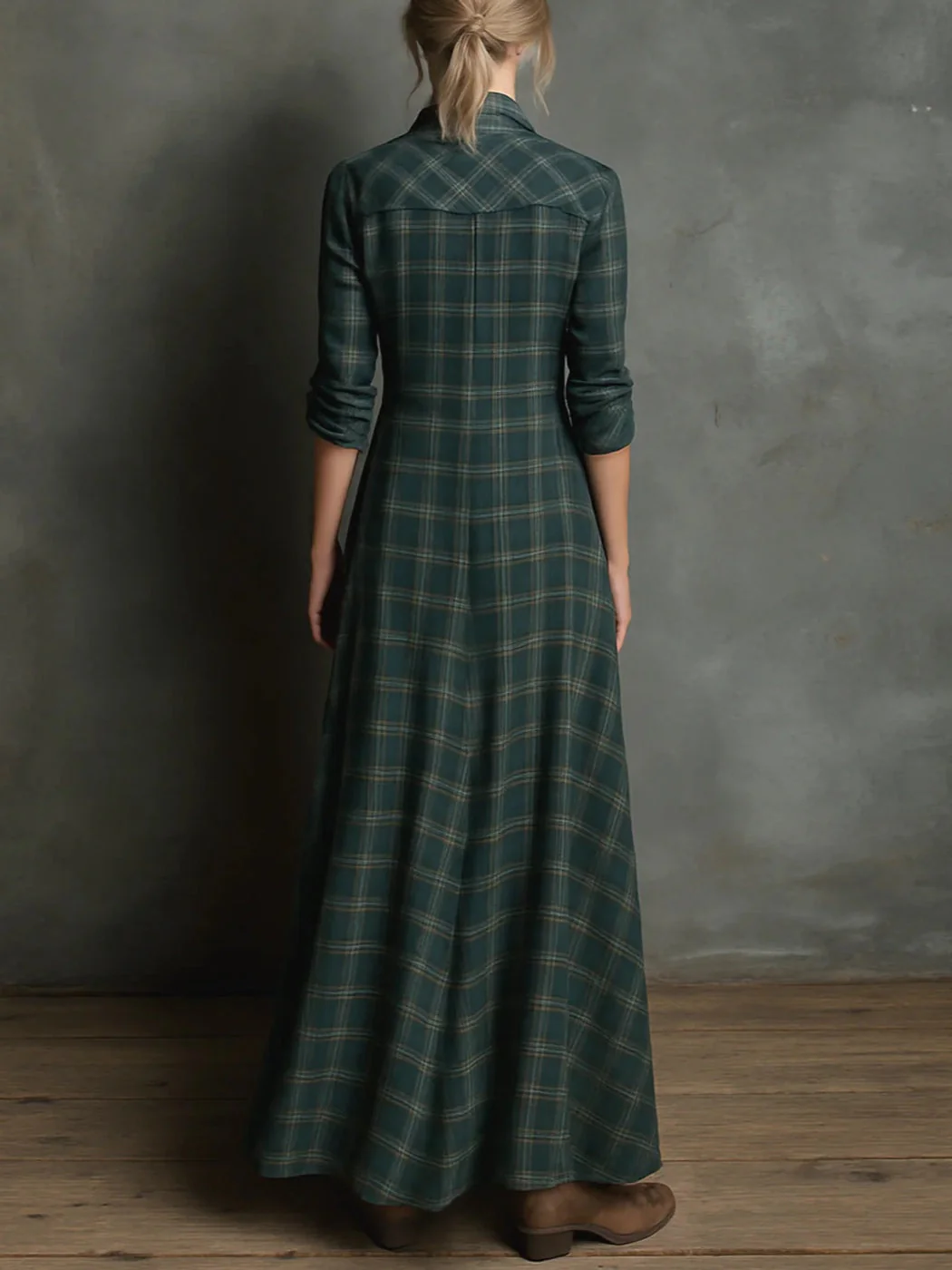 Robe Maxi Femme à Carreaux Verts Boutonnée – Robe Longue Élégante et Confortable - Image 4