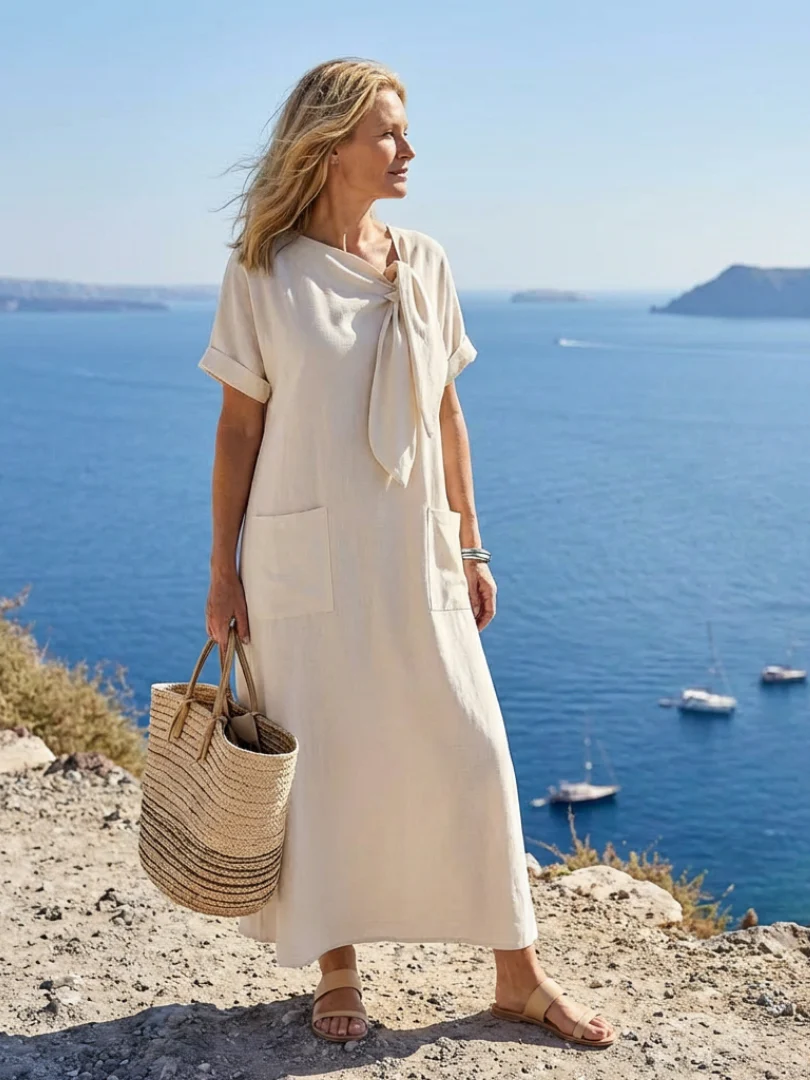 Robe maxi femme à poches et manches courtes – Col rond et coupe fluide - Image 3