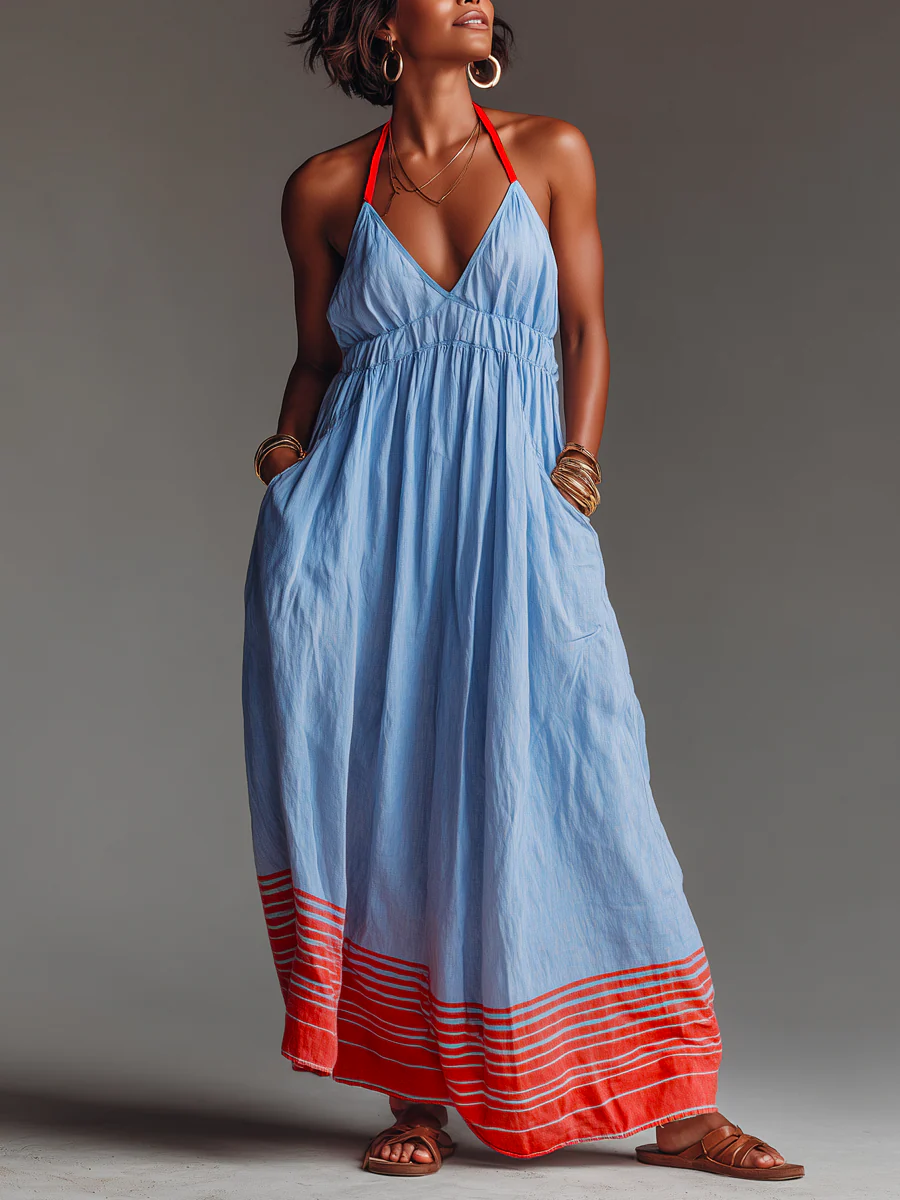 Robe maxi femme col halter rayee avec poches - Legere et elegante