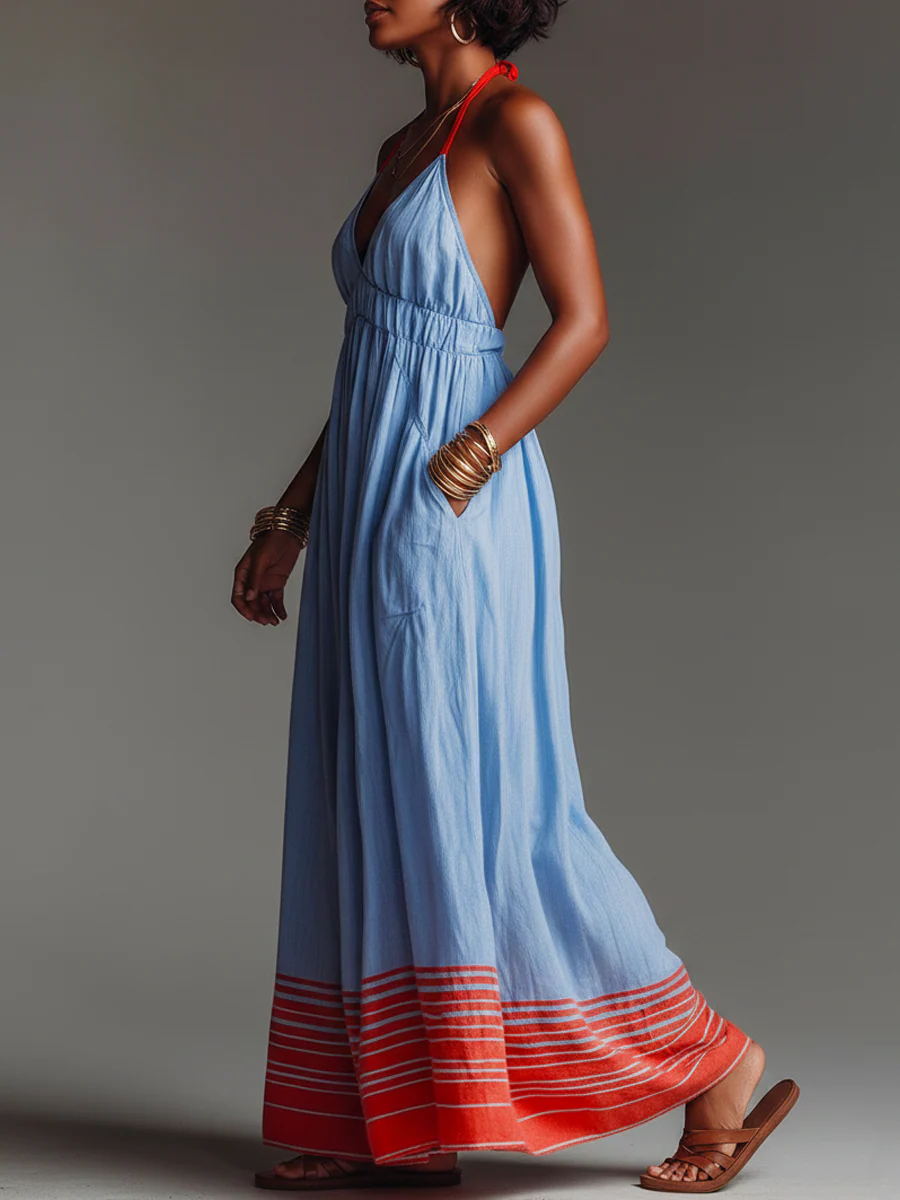 Robe maxi femme col halter rayee avec poches - Legere et elegante - Image 2