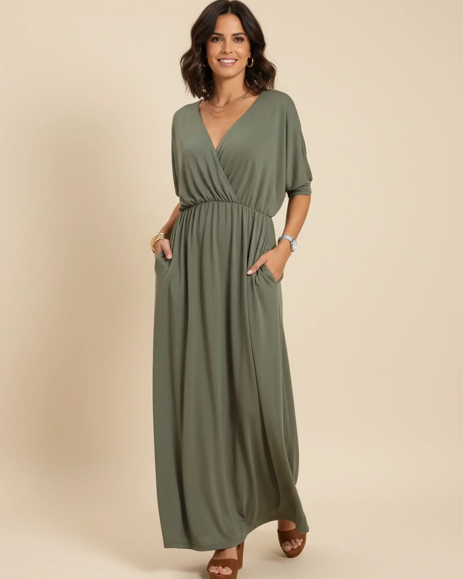 Robe Maxi Femme Col V – Poches et Fente Latérale Style Décontracté Été