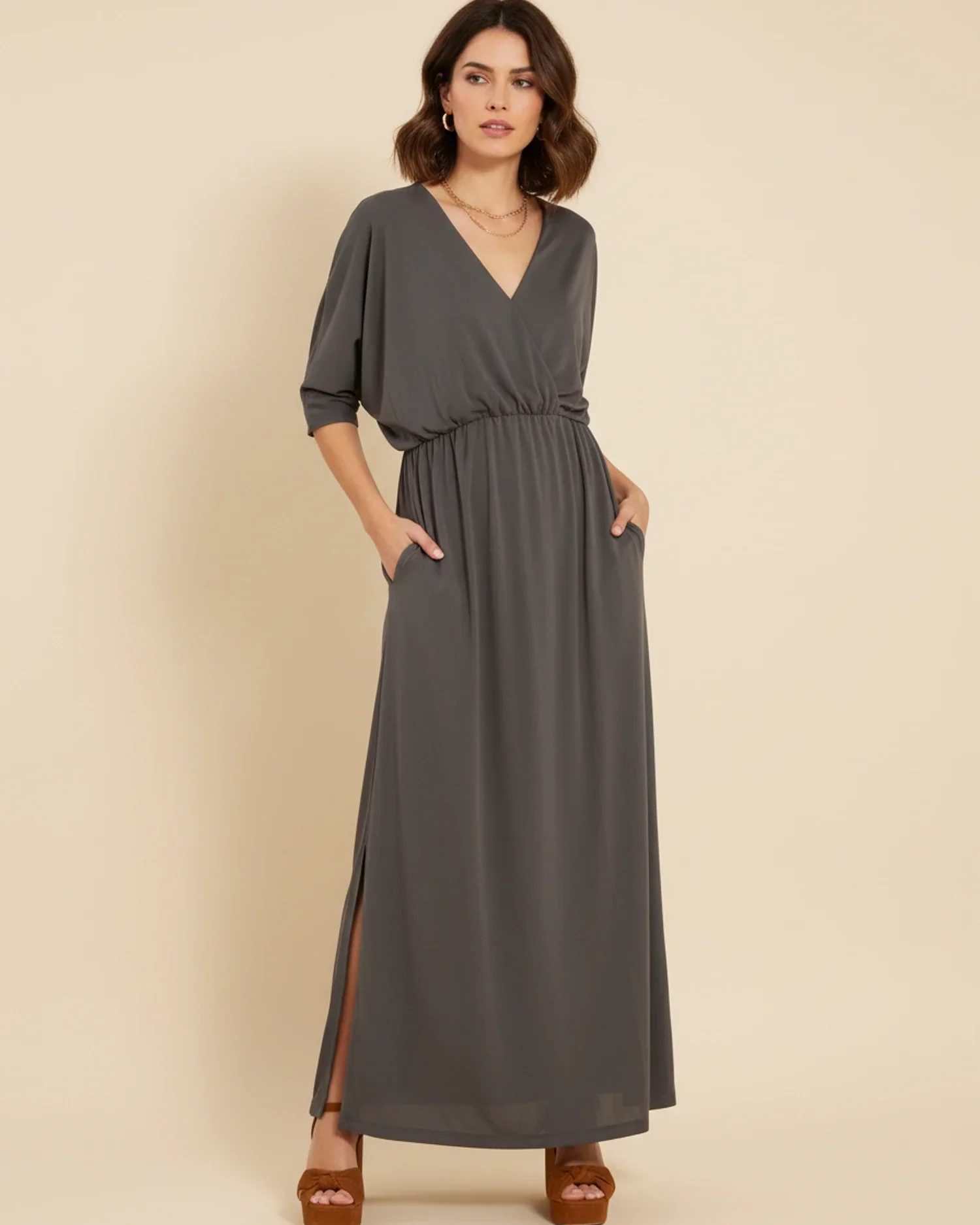 Robe Maxi Femme Col V – Poches et Fente Latérale Style Décontracté Été - Image 12