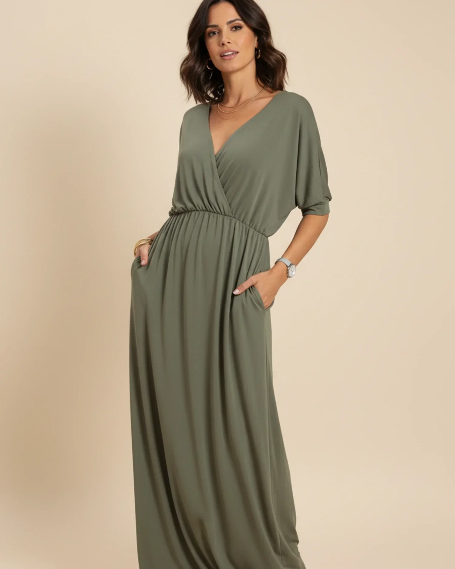 Robe Maxi Femme Col V – Poches et Fente Latérale Style Décontracté Été - Image 2