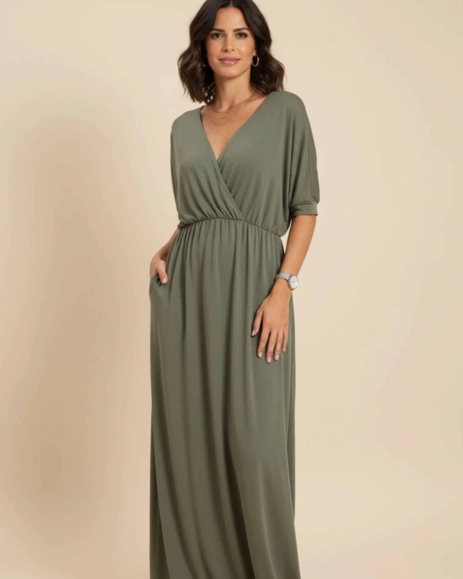 Robe Maxi Femme Col V – Poches et Fente Latérale Style Décontracté Été - Image 4