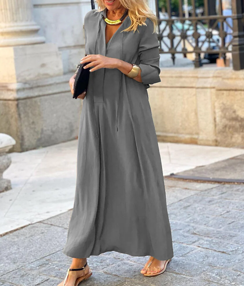 Robe Maxi Femme Coupe Décontractée à Col V – Style Élégant à Manches Longues - Image 3