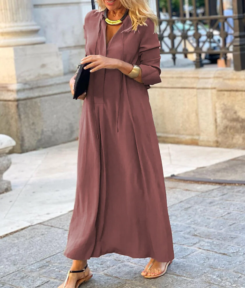 Robe Maxi Femme Coupe Décontractée à Col V – Style Élégant à Manches Longues - Image 4