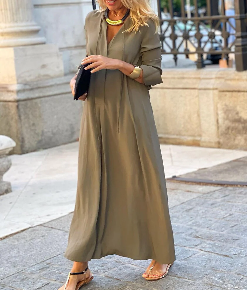Robe Maxi Femme Coupe Décontractée à Col V – Style Élégant à Manches Longues - Image 6