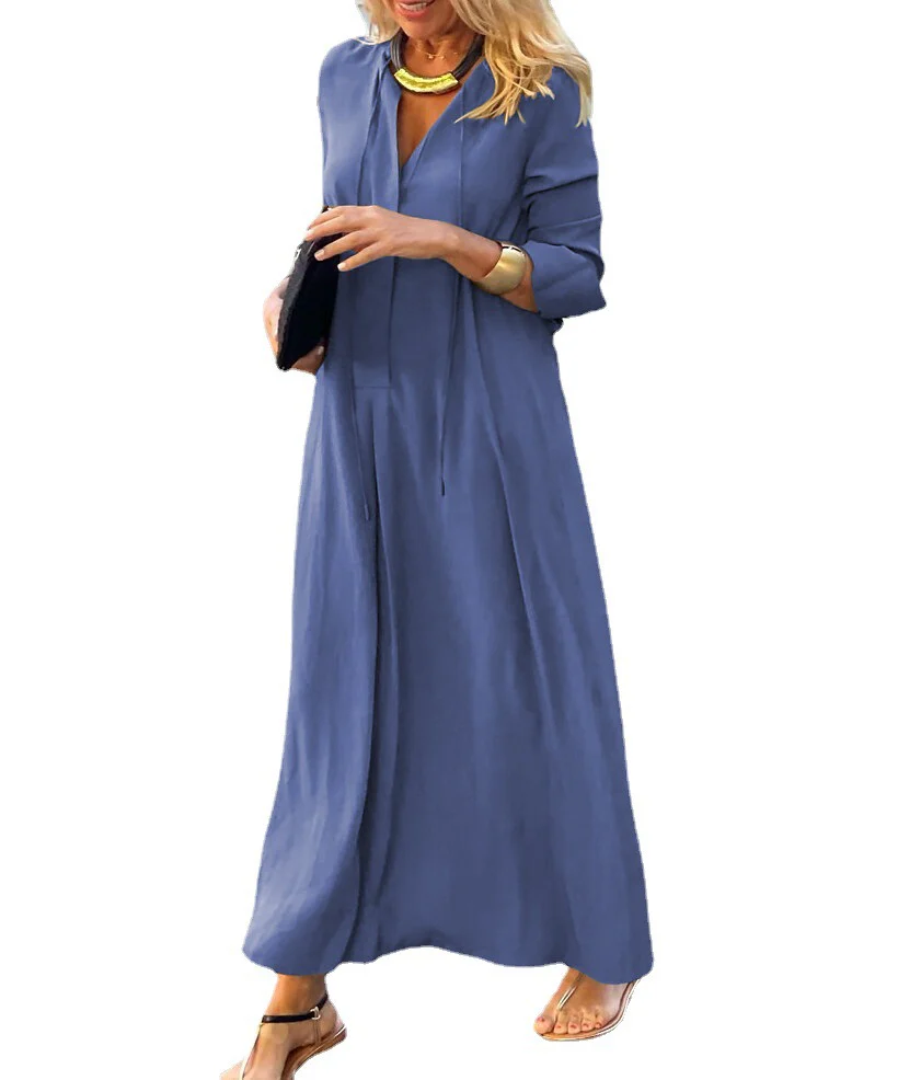 Robe Maxi Femme Coupe Décontractée à Col V – Style Élégant à Manches Longues - Image 9