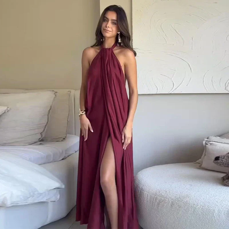 Robe maxi femme halter drapee avec ouverture - Elegante et habillee