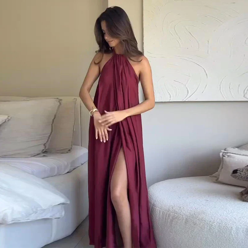 Robe maxi femme halter drapee avec ouverture - Elegante et habillee - Image 2