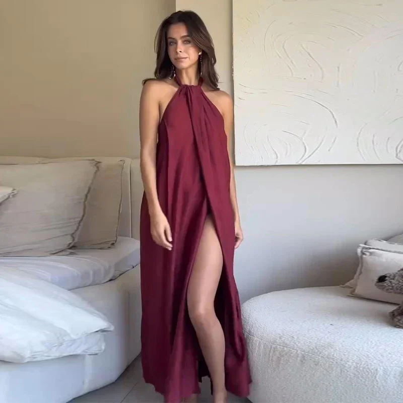 Robe maxi femme halter drapee avec ouverture - Elegante et habillee - Image 4