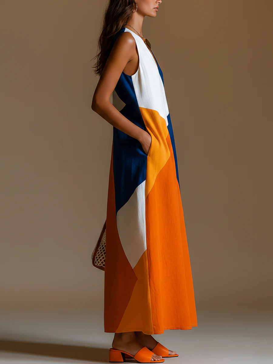 Robe maxi femme patchwork col V sans manches - Decontractee et legere - Image 3