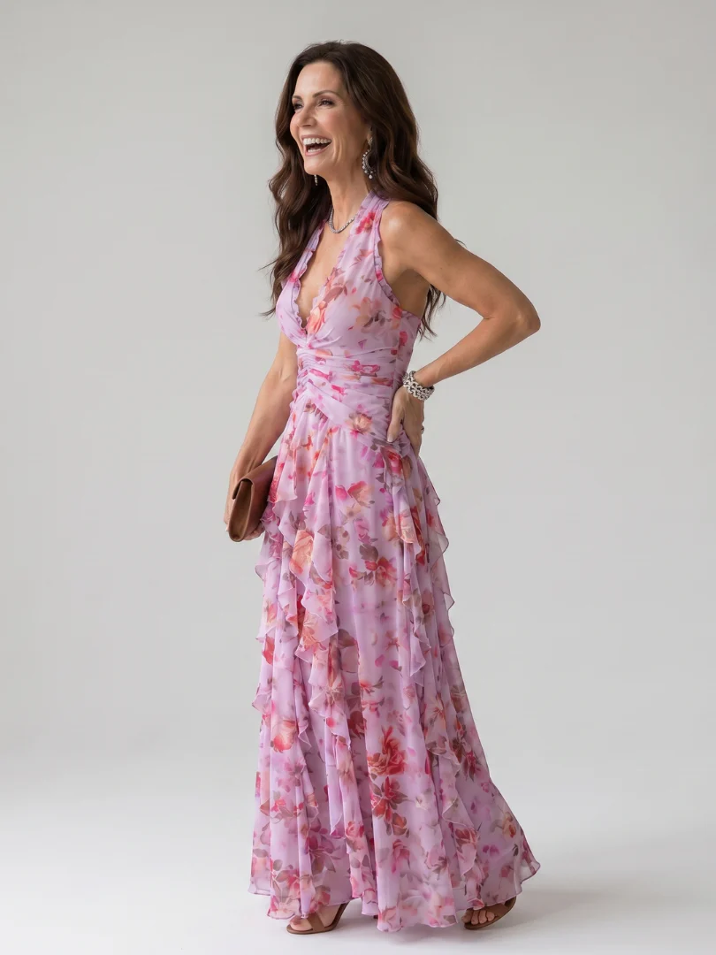 Robe maxi fleurie femme col halter et bustier fronce - Raffinee et estivale - Image 2