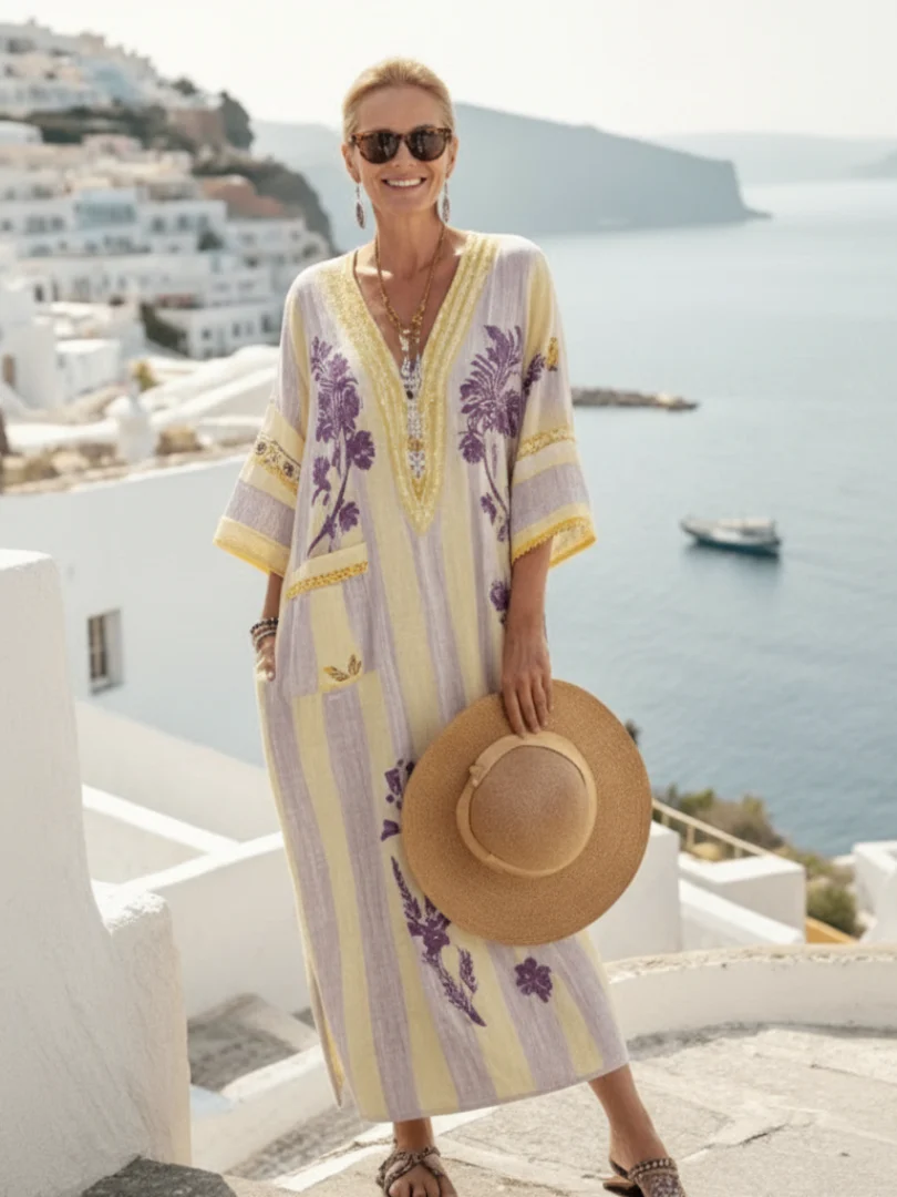 Robe maxi fleurie rayée femme à col V – Manches mi-longues et coupe fluide - Image 3