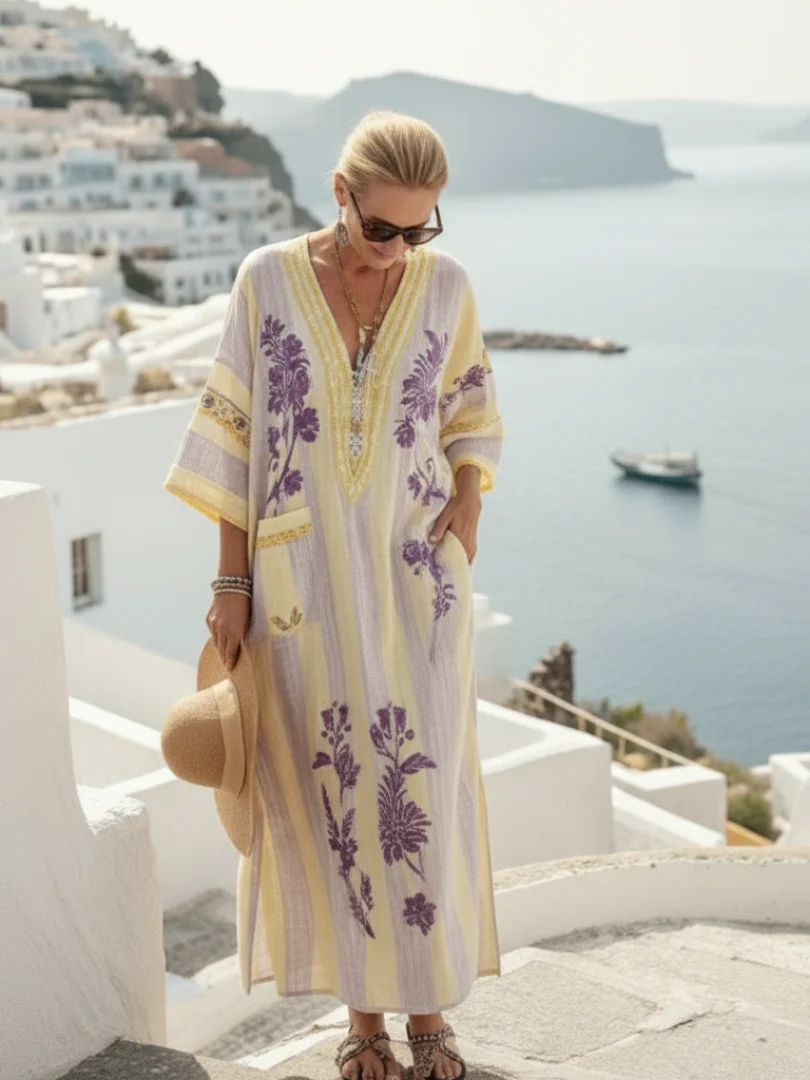Robe maxi fleurie rayée femme à col V – Manches mi-longues et coupe fluide - Image 4