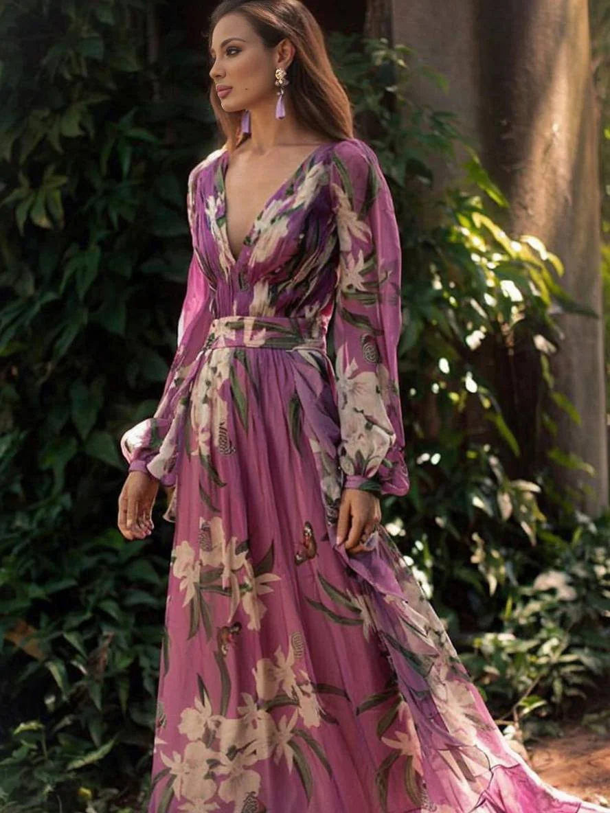 Robe Maxi Fleurie Violette Élégante pour Femme – Coupe Fluide Col V avec Manches Longues