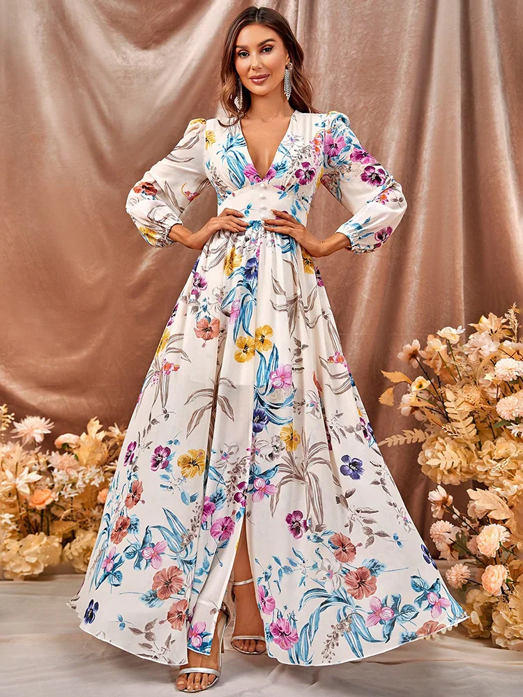 Robe Maxi Florale Élégante Femme – Col V Profond avec Manches Longues et Fente Latérale