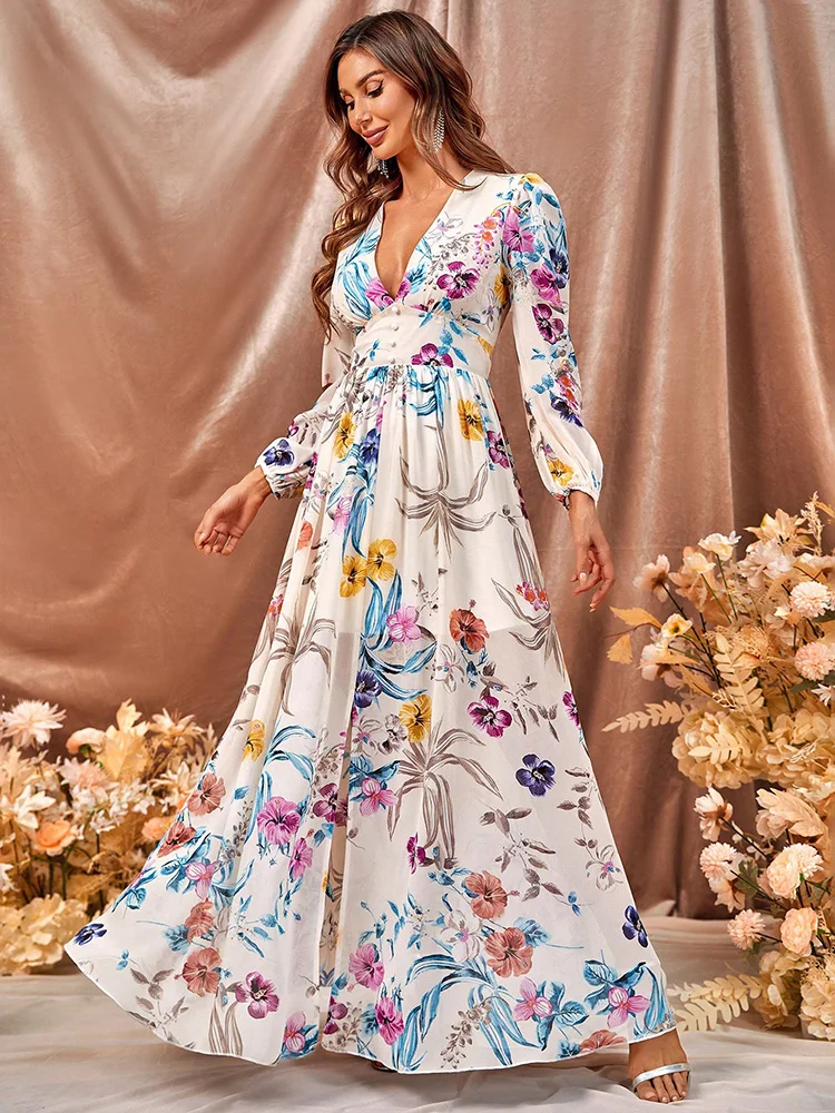 Robe Maxi Florale Élégante Femme – Col V Profond avec Manches Longues et Fente Latérale - Image 3