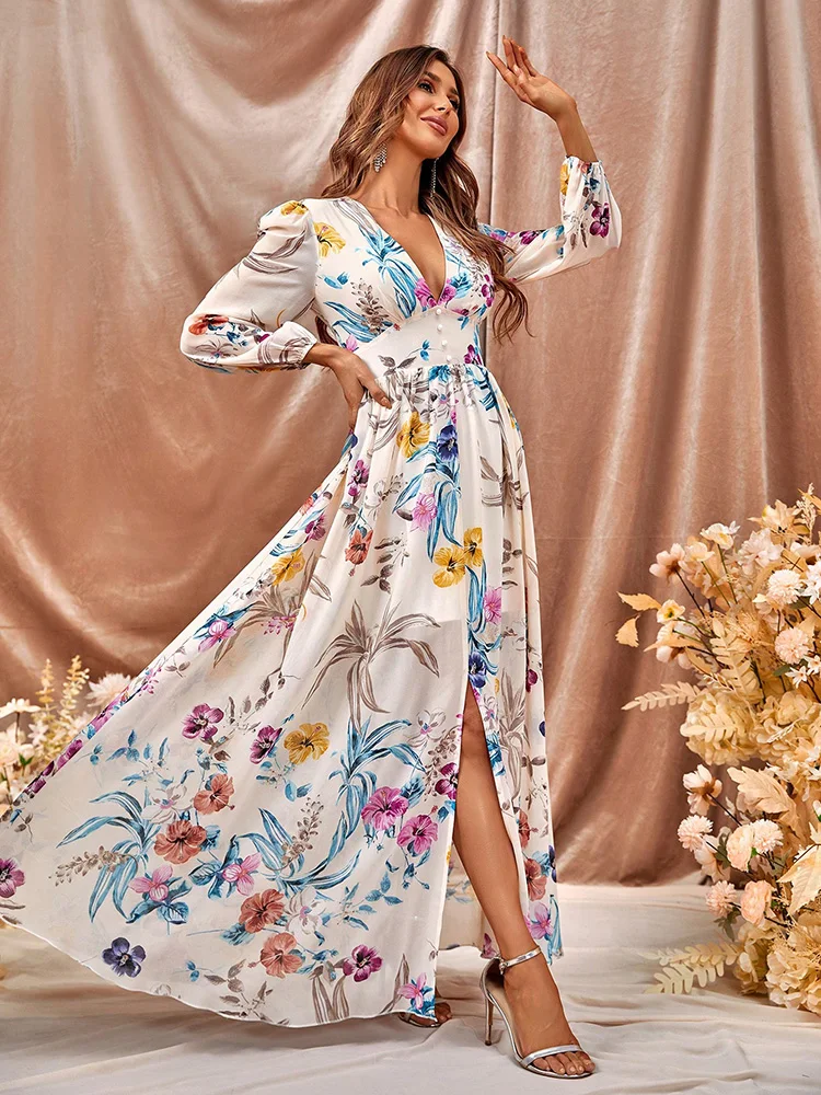 Robe Maxi Florale Élégante Femme – Col V Profond avec Manches Longues et Fente Latérale - Image 5