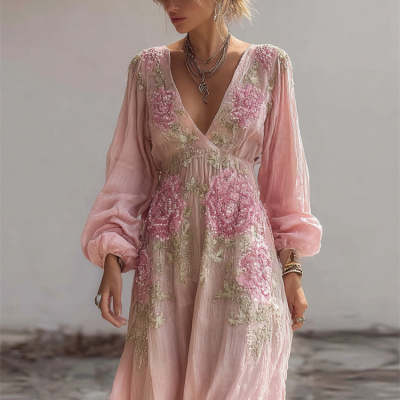 Robe Maxi Florale Rétro pour Femme – Coupe Ample Col en V Style Élégant - Image 3