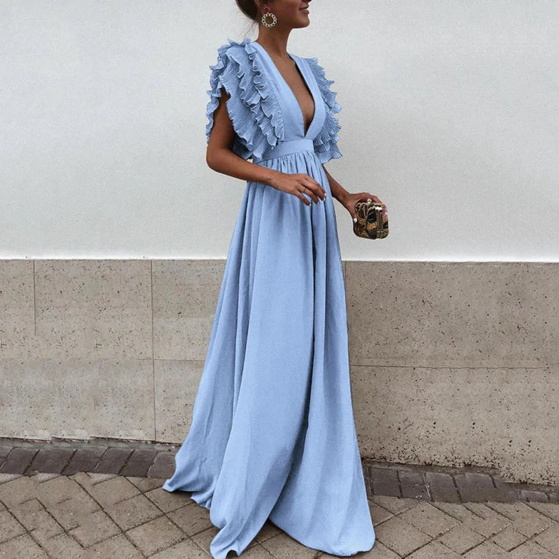 Robe Maxi Fluide pour Femme – Manches Volantées Élégantes avec Col V Profond