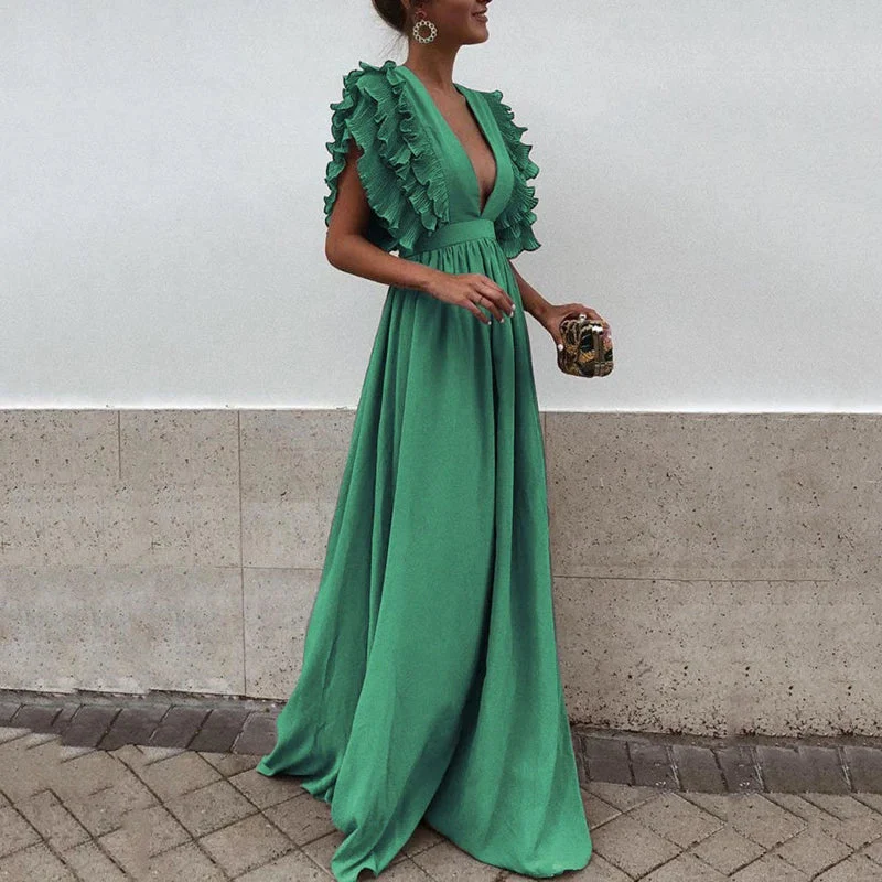 Robe Maxi Fluide pour Femme – Manches Volantées Élégantes avec Col V Profond - Image 2