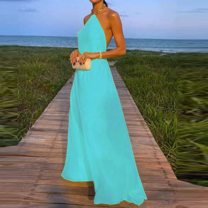 Robe maxi jaune fluide à col halter élégant pour femmes – Confiance, Charme - Image 3